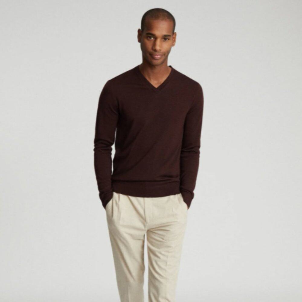Reiss Jupiter Wool V Neck Sweater Bordeaux Maroon Burgundy Men's XL